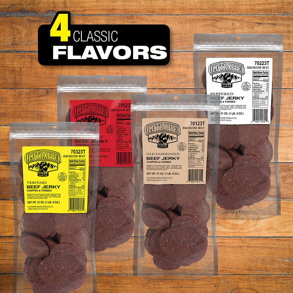 Old Trapper Teriyaki Double Eagle jerky smoke detail highlighting natural wood smoke.