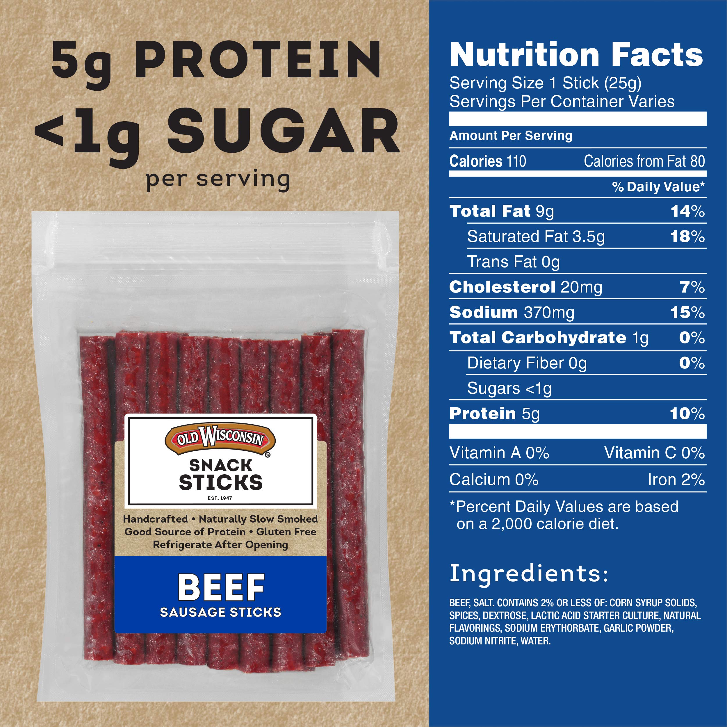 Old Wisconsin beef sausage snack sticks closeup highlighting premium texture and quality.