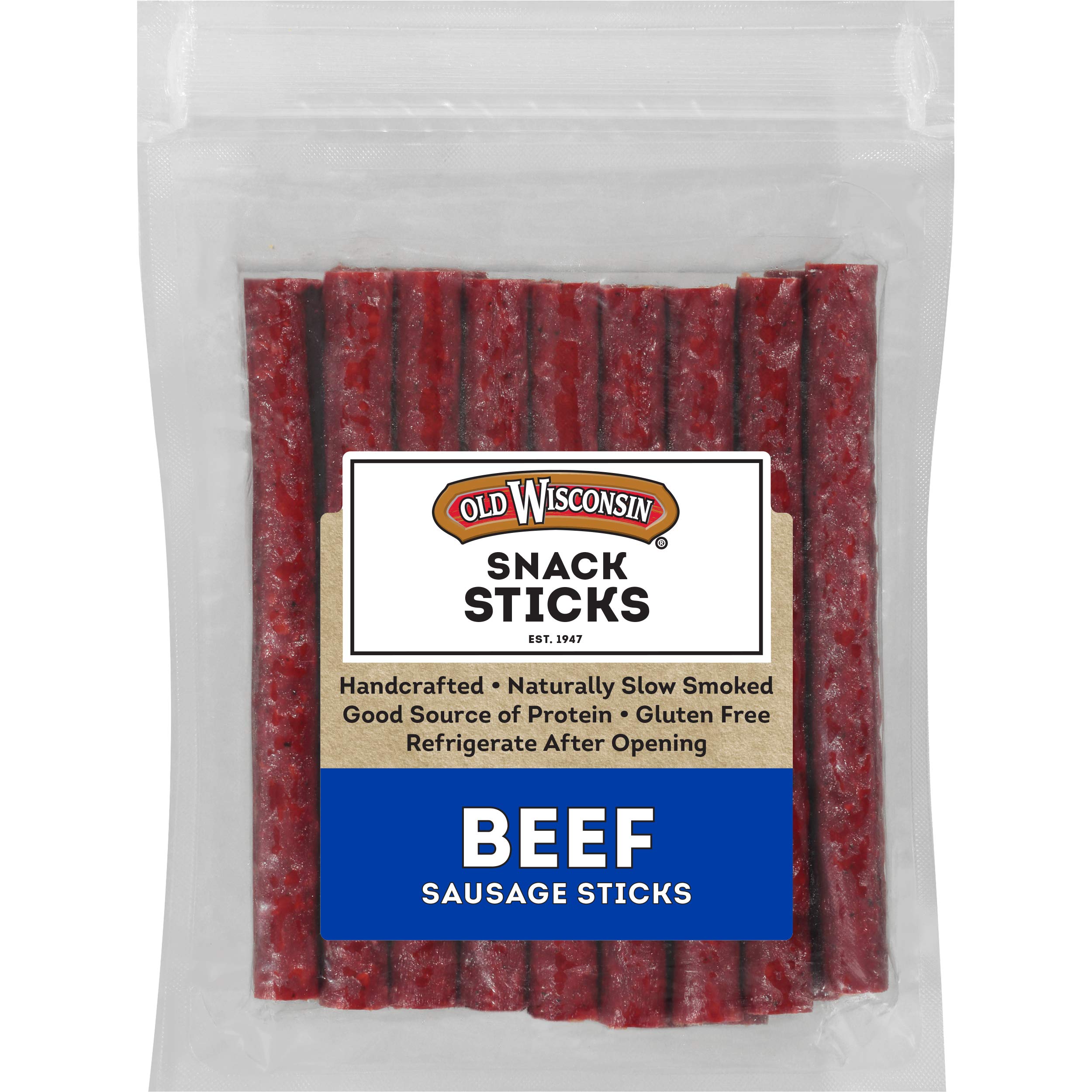 Old Wisconsin beef sausage snack sticks package—ready-to-eat convenience.