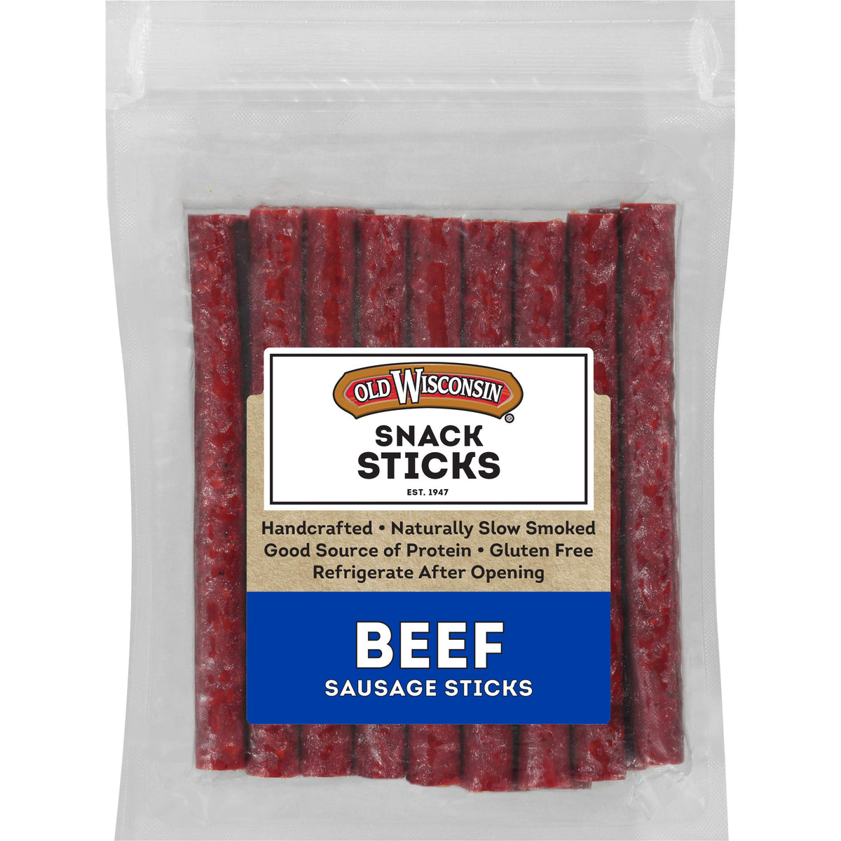 Old Wisconsin beef sausage snack sticks package—ready-to-eat convenience.