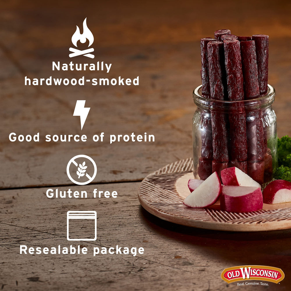 Old Wisconsin beef sausage snack sticks texture shot emphasizing lean cuts and natural flavor.