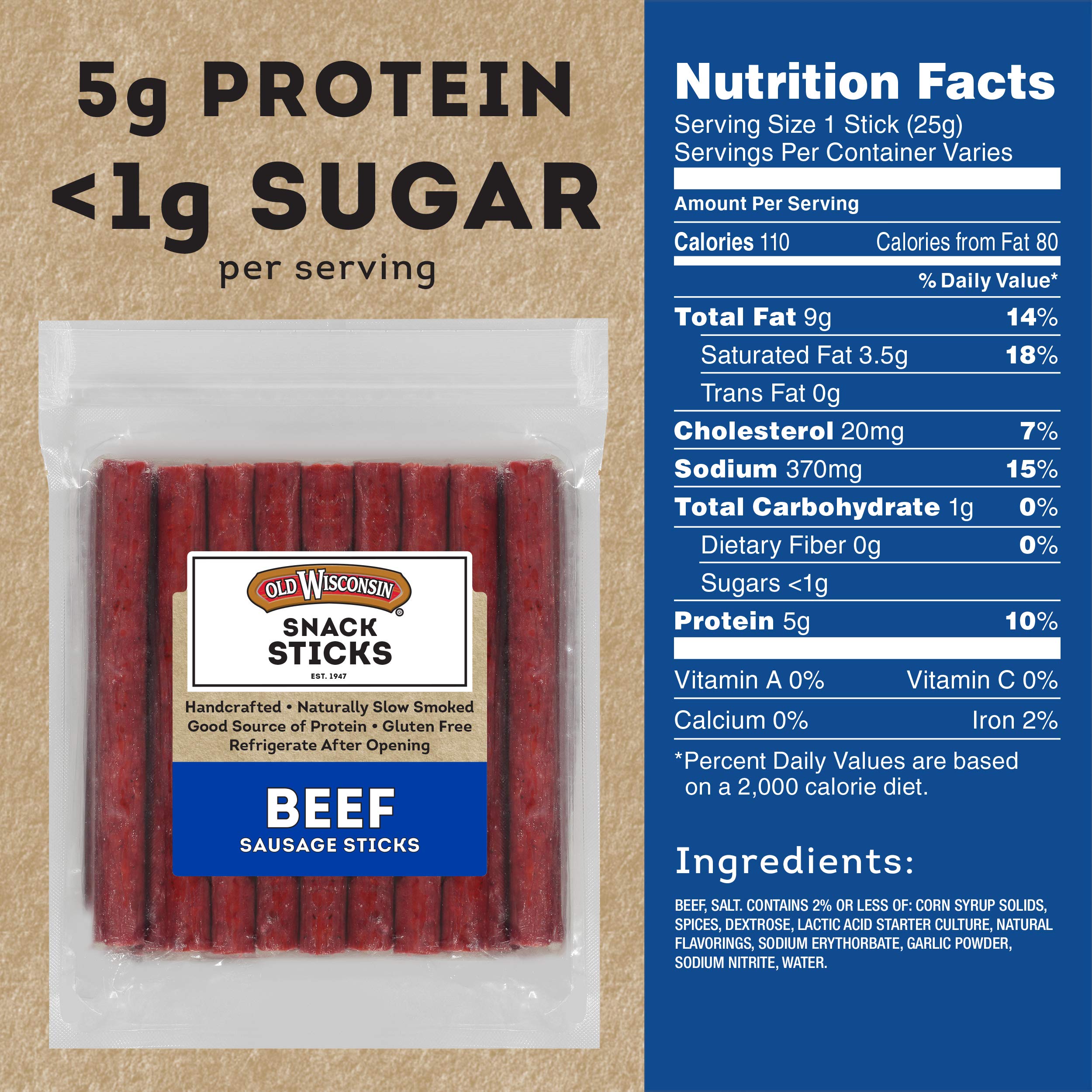 Closeup of Old Wisconsin beef sausage snack sticks showing seasoned, smoked surface
