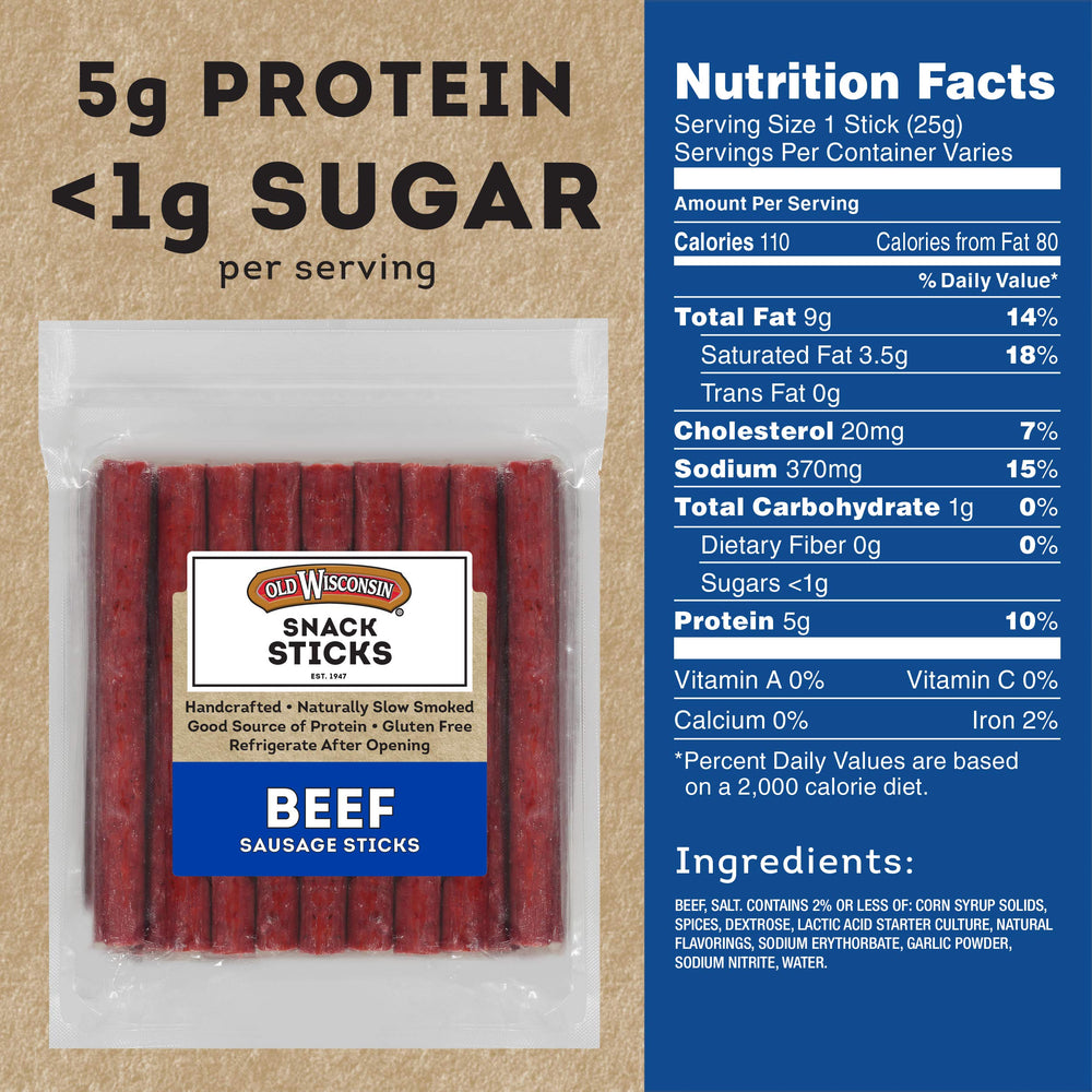 Closeup of Old Wisconsin beef sausage snack sticks showing seasoned, smoked surface