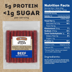 Closeup of Old Wisconsin beef sausage snack sticks showing seasoned, smoked surface