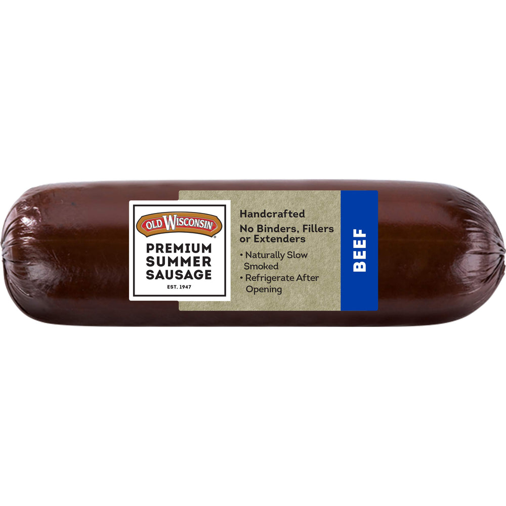 Old Wisconsin Beef Summer Sausage slices on a board for a ready-to-eat protein snack.