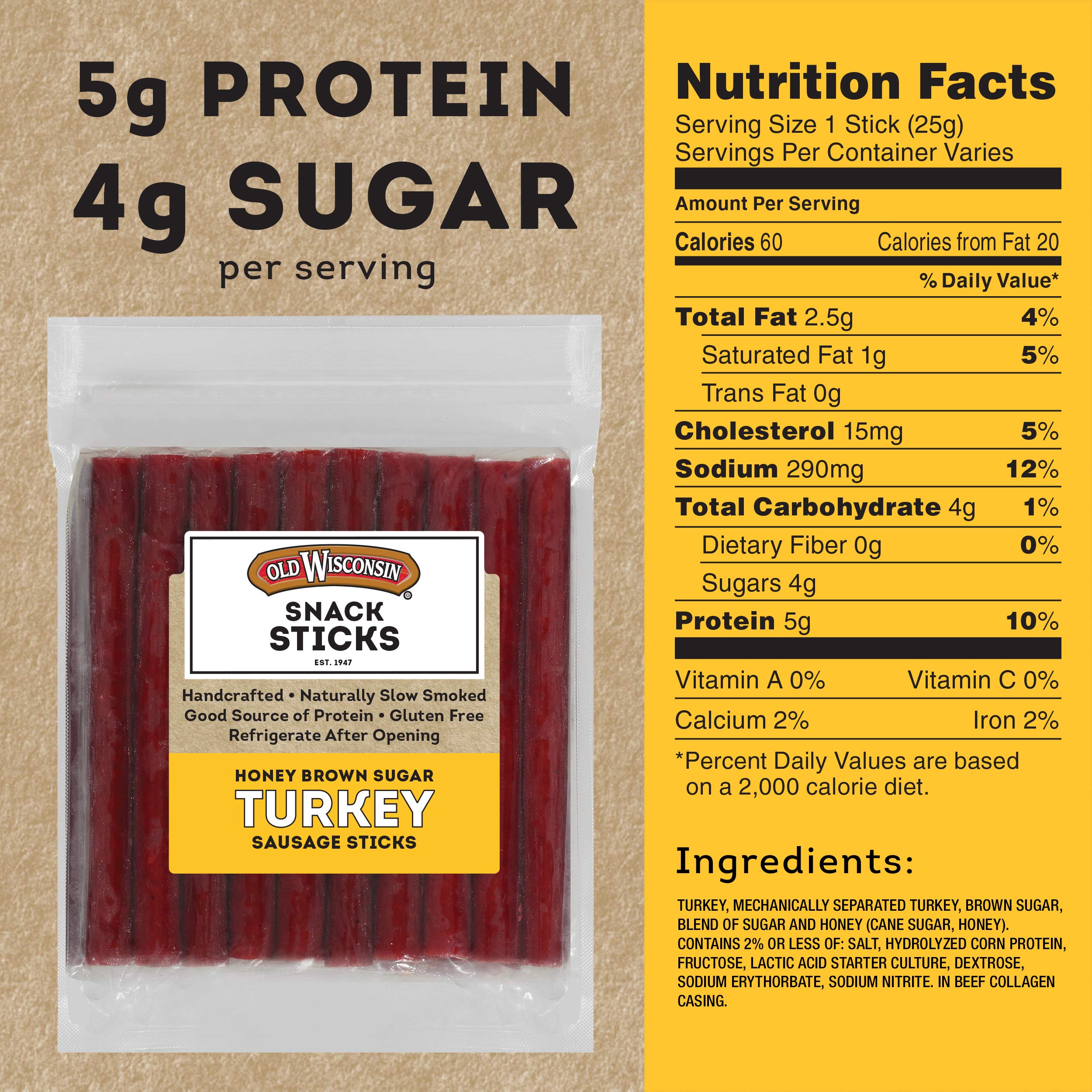Old Wisconsin Honey Brown Sugar Turkey Sausage Snack Sticks resealable pouch close for on-the-go freshness