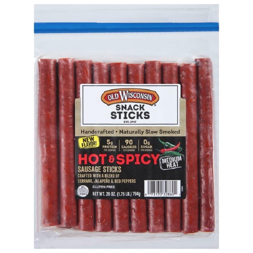 Old Wisconsin Hot & Spicy sausage sticks in a resealable package for quick, high-protein snacking.