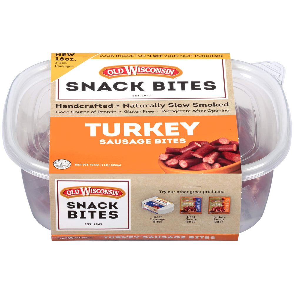 Old Wisconsin Turkey Snack Bites smoky closeup, high-protein on-the-go snack.