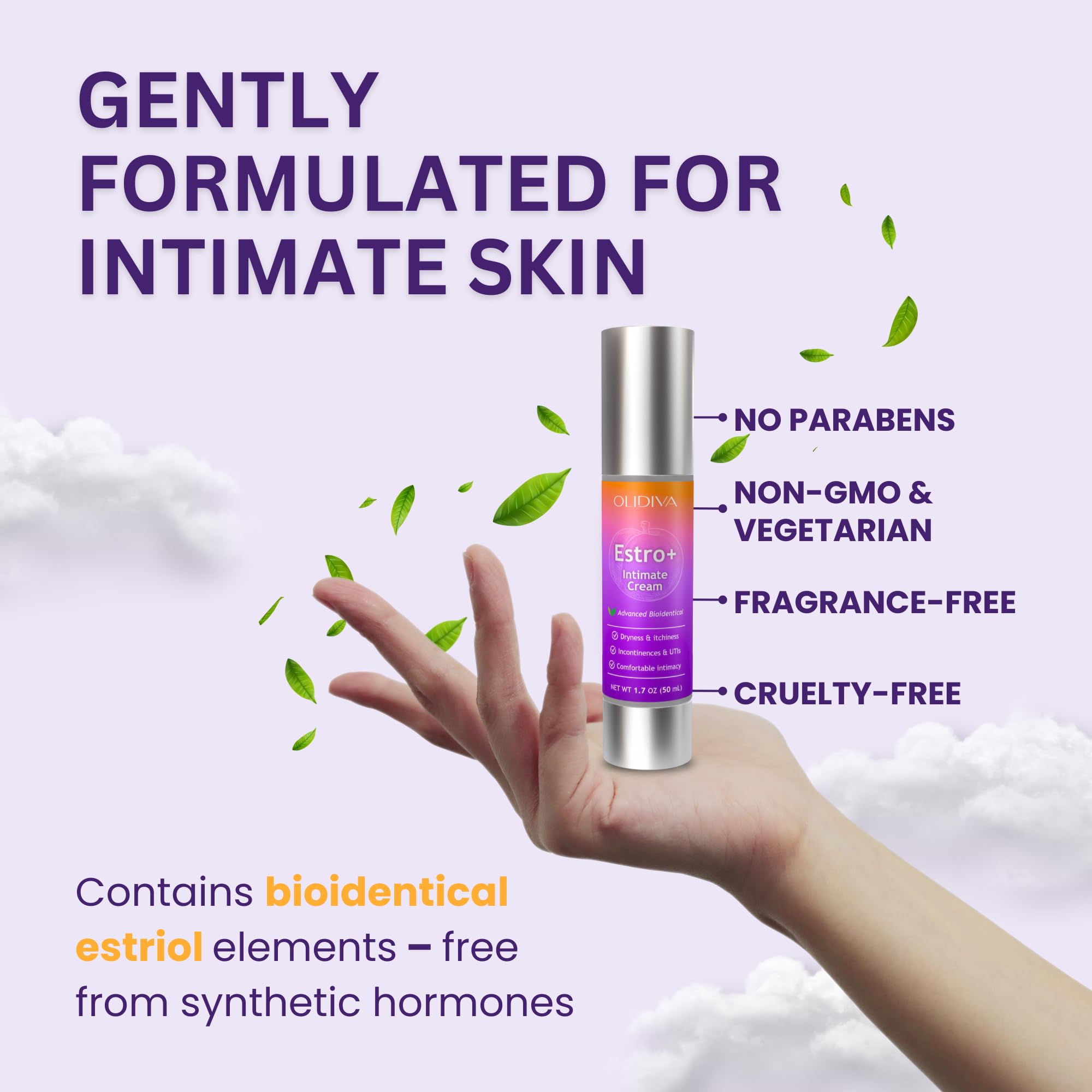 Olidiva bioestriol cream application on skin demonstrates daily moisturizing.