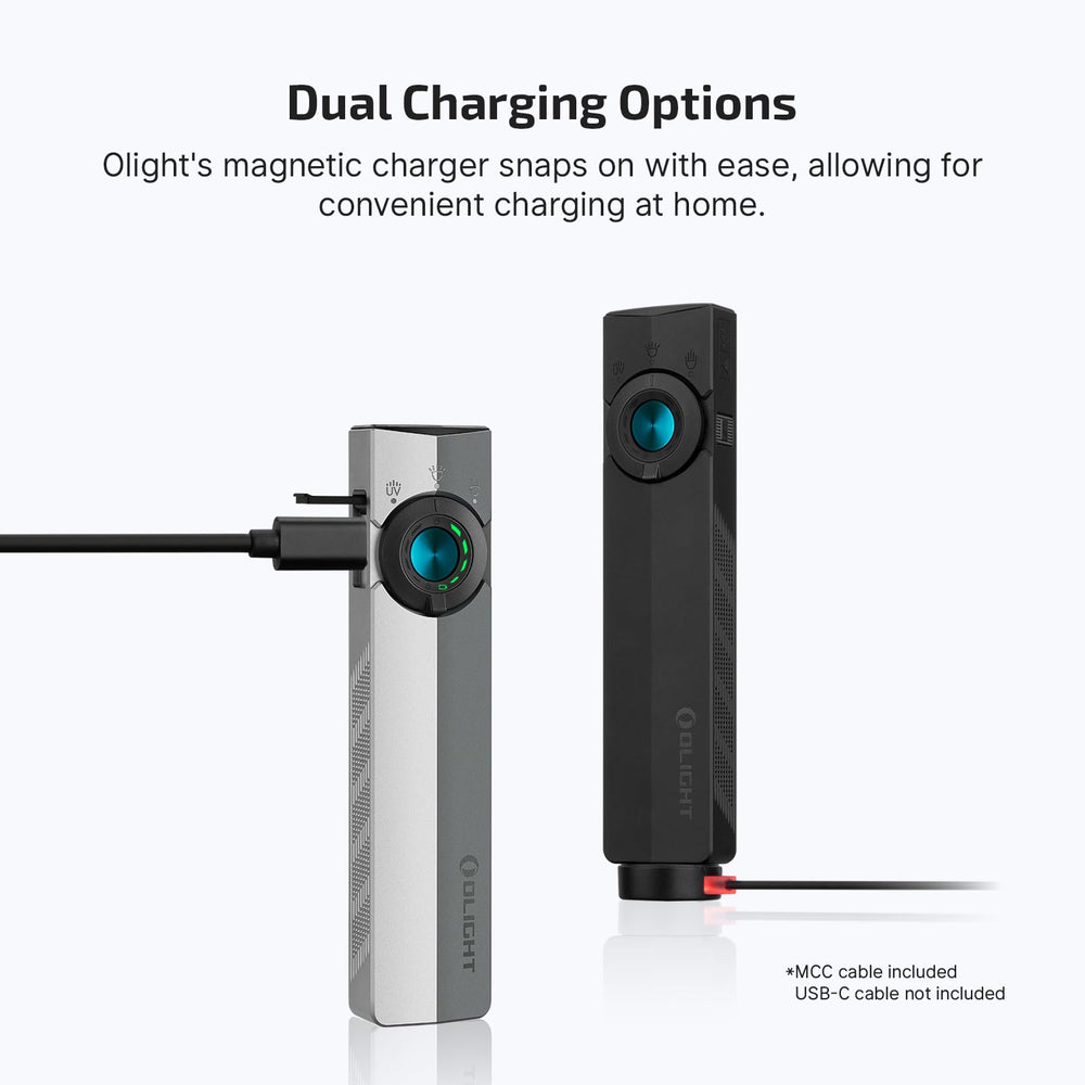 OLIGHT ArkPro USB-C charging with magnetic dock for quick top ups.