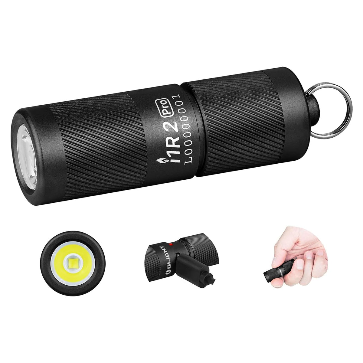 OLIGHT I1R 2 Pro EOS front view shows compact keychain flashlight for daily carry.