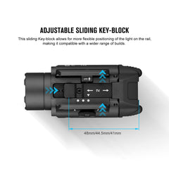 Adjustable key-block supports secure fit on multiple rails.