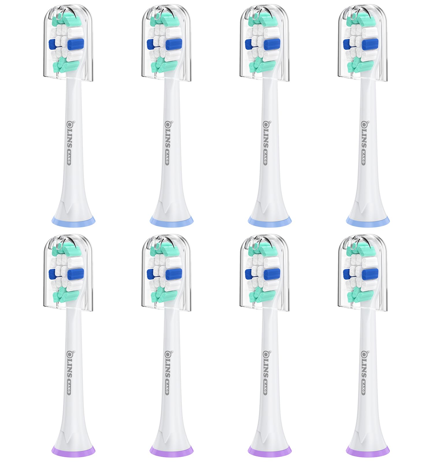 OLINS KAKO replacement brush heads for Philips Snap-On handles, 8-pack for thorough everyday cleaning.