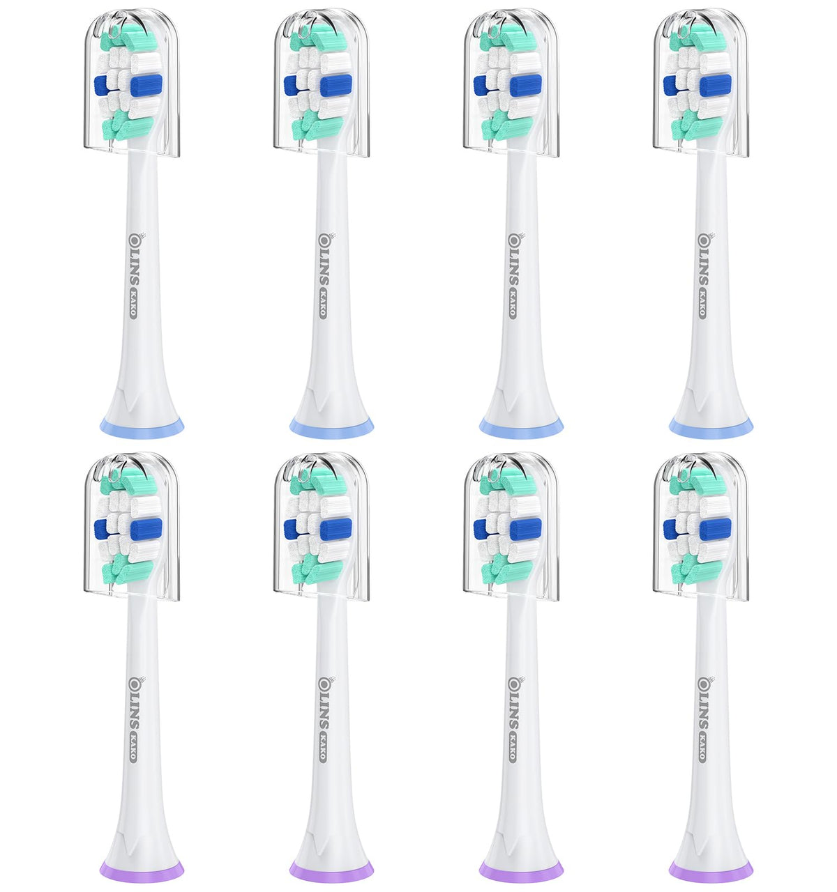 OLINS KAKO replacement brush heads for Philips Snap-On handles, 8-pack for thorough everyday cleaning.