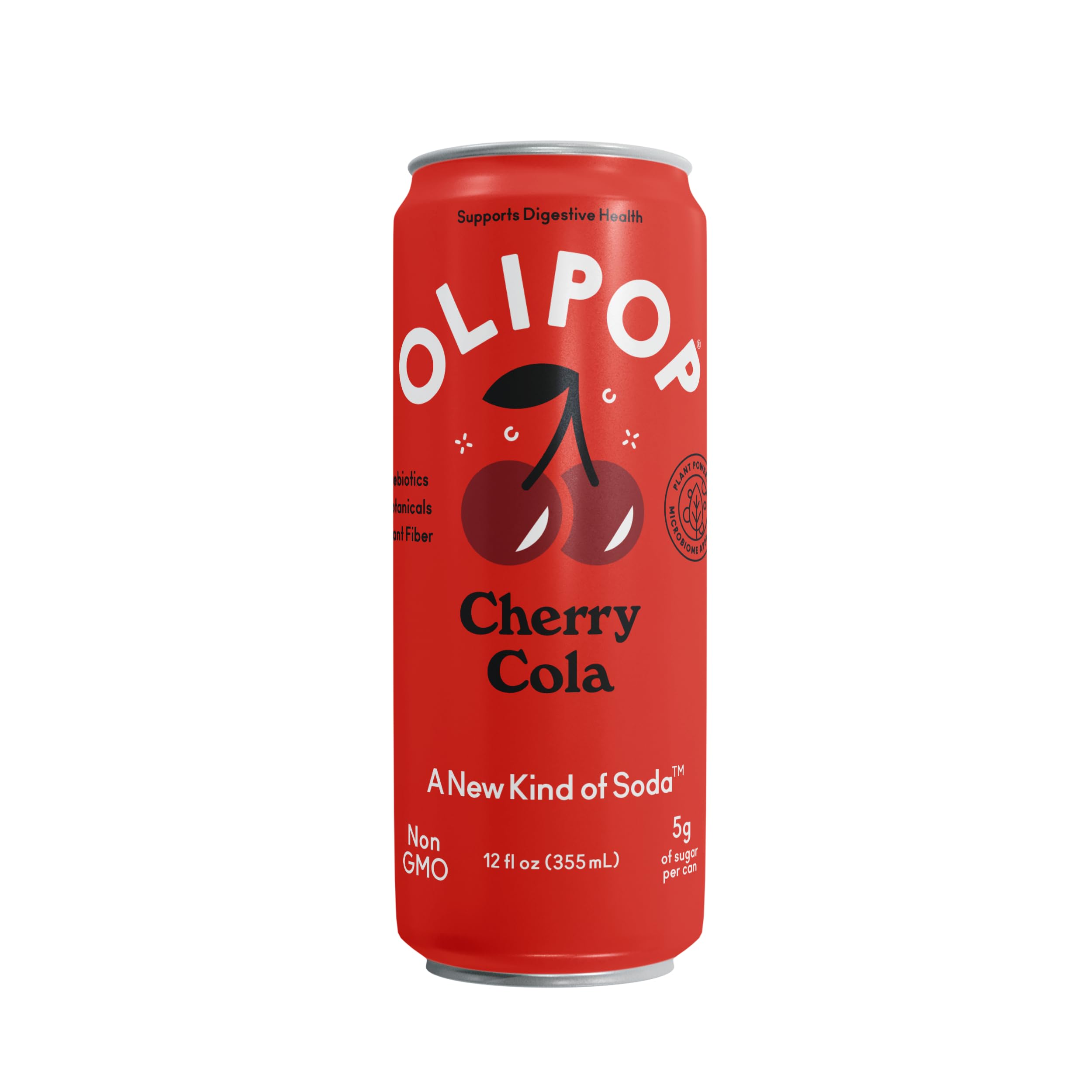 OLIPOP Cherry Cola back of can view notes non-GMO and gluten-free attributes.