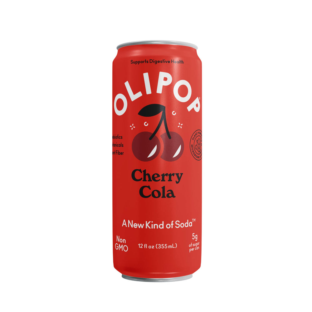 OLIPOP Cherry Cola back of can view notes non-GMO and gluten-free attributes.