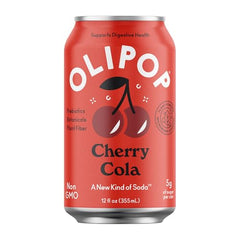 OLIPOP Cherry Cola can closeup highlights the clean label and botanicals for digestive balance.