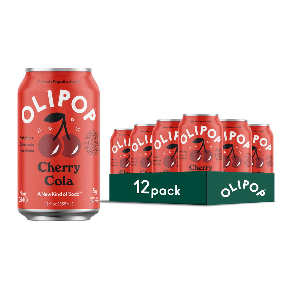 OLIPOP Cherry Cola can front view showing classic flavor with prebiotic twist