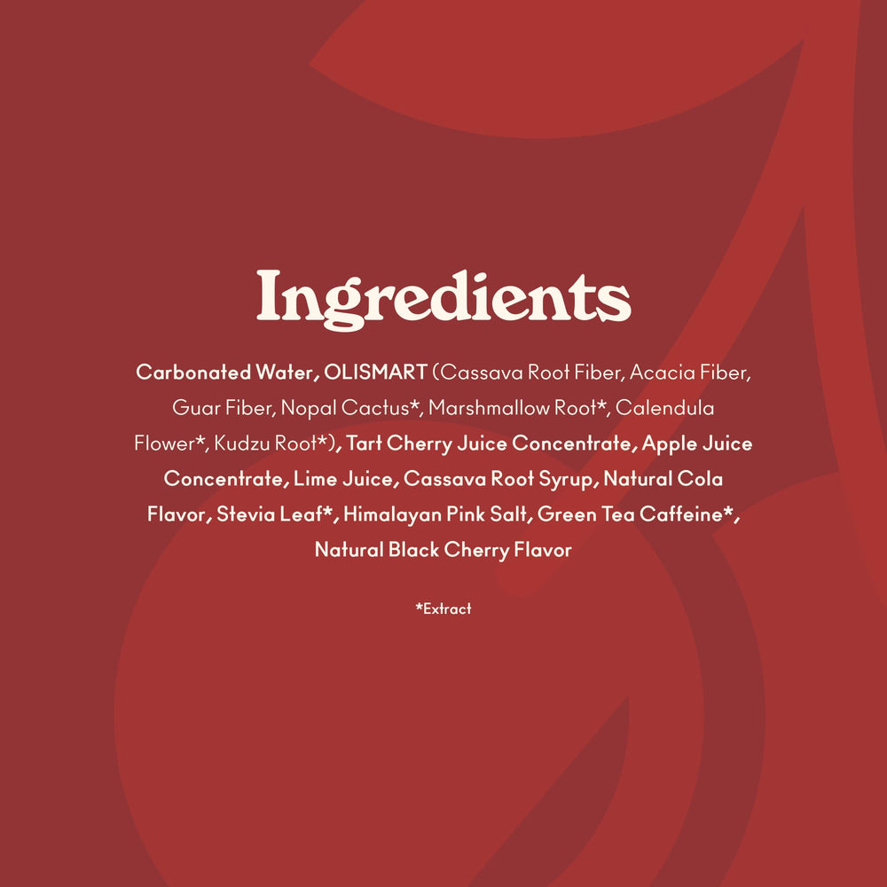 OLIPOP Cherry Cola ingredients panel focusing on prebiotics and fiber