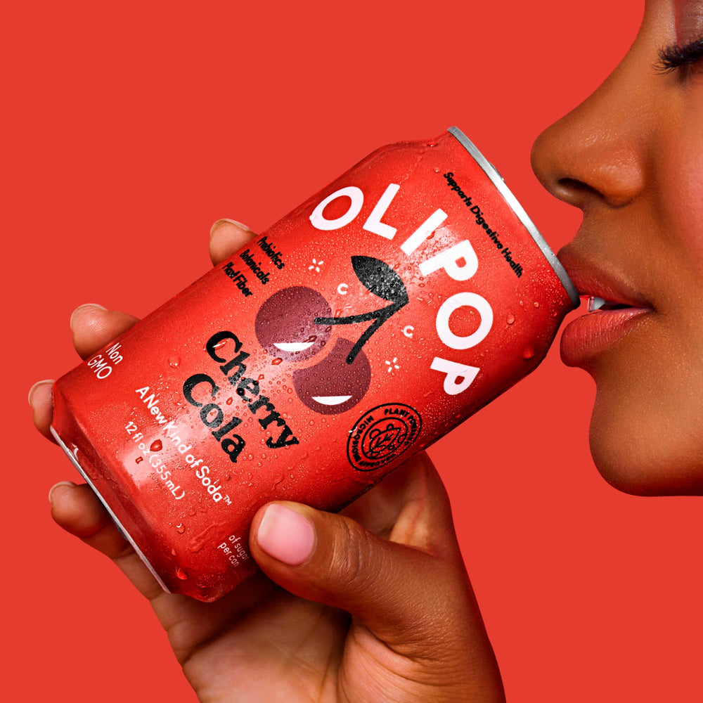 OLIPOP Cherry Cola label closeup highlighting natural ingredients