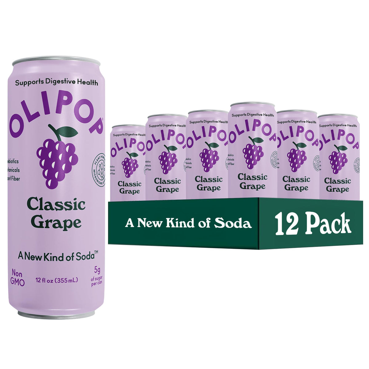 OLIPOP Classic Grape can front showcasing gluten-free, GMO-free prebiotic beverage.
