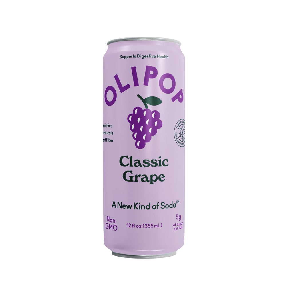 OLIPOP Classic Grape storage guidance showing cool, dry pantry placement.