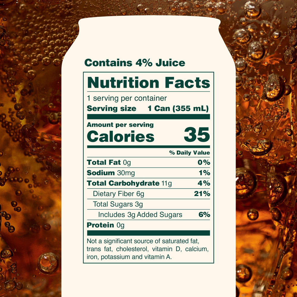 OLIPOP Classic Root Beer can being poured with a citrus twist for refreshing flavor.