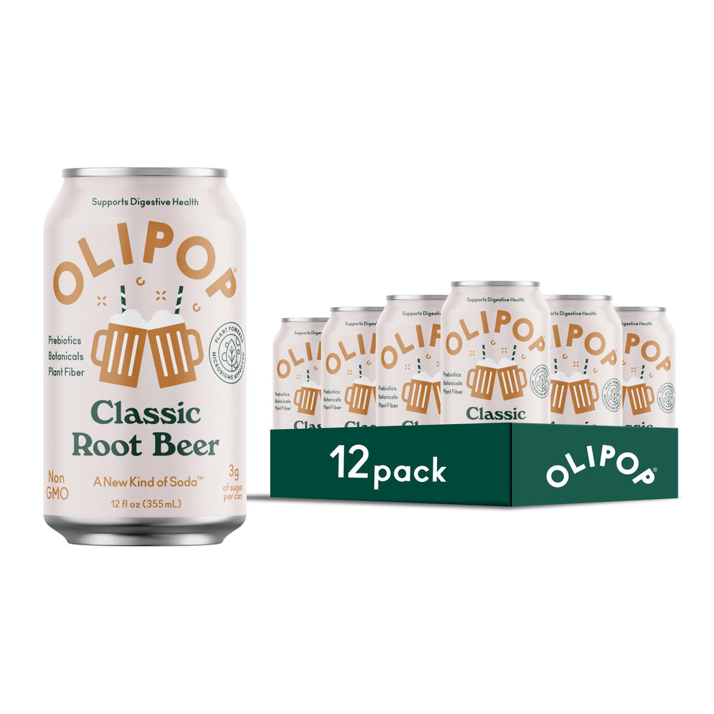 OLIPOP Classic Root Beer can showing a prebiotic soda option for digestive wellness.