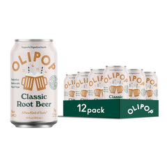 OLIPOP Classic Root Beer can showing a prebiotic soda option for digestive wellness.