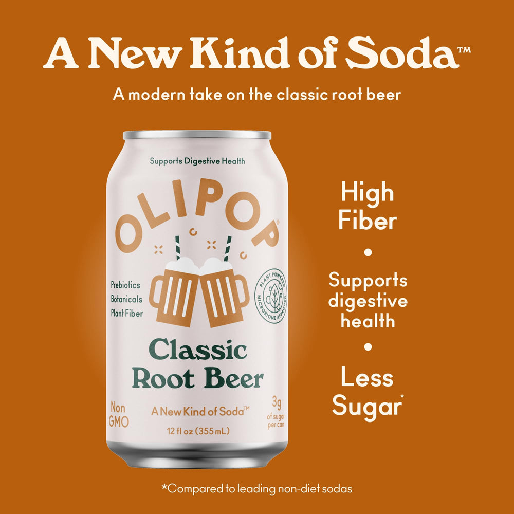OLIPOP Root Beer in a glass with ice, ready to sip on a sunny day.