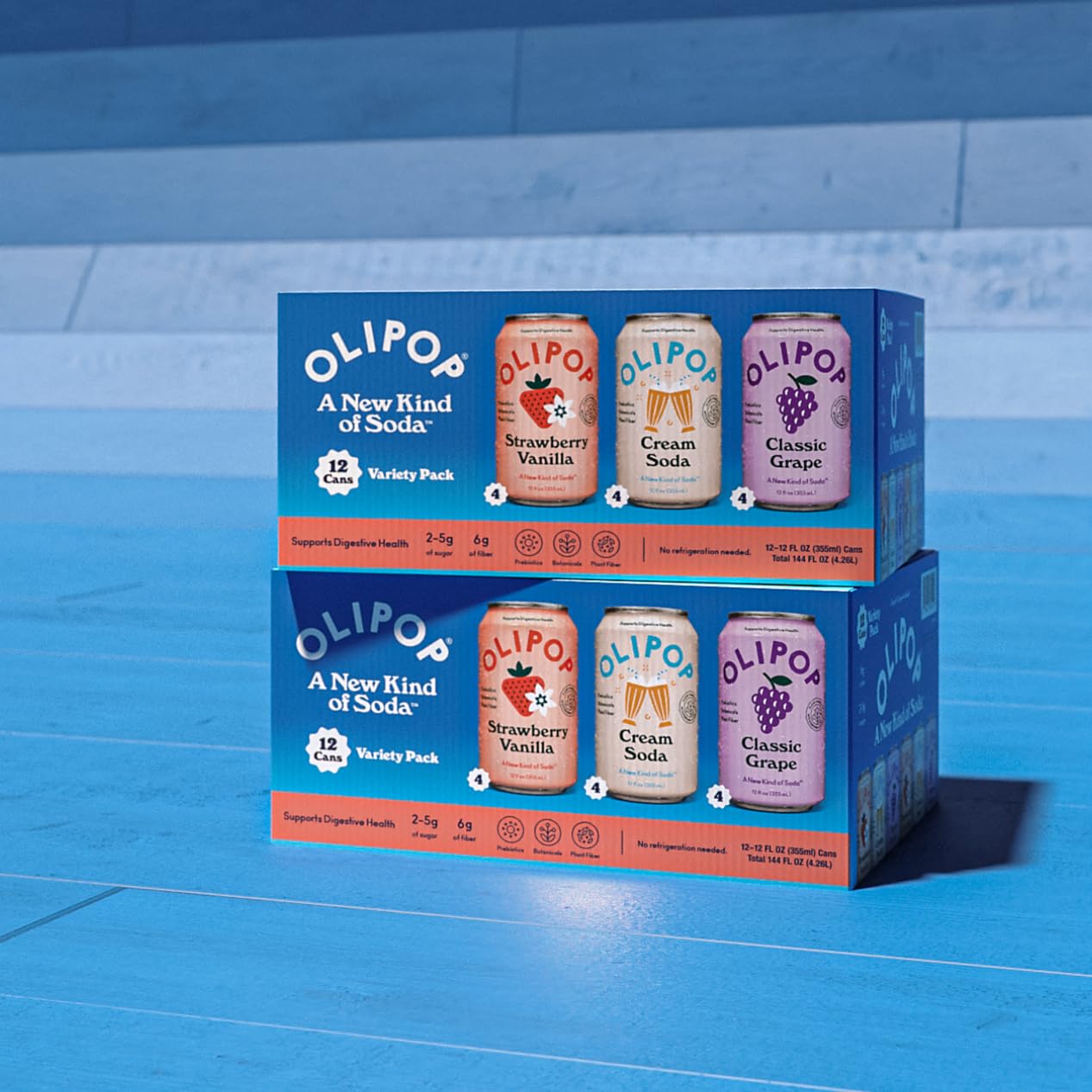 OLIPOP cool fridge-ready cans on shelf conveying convenient everyday sipping.