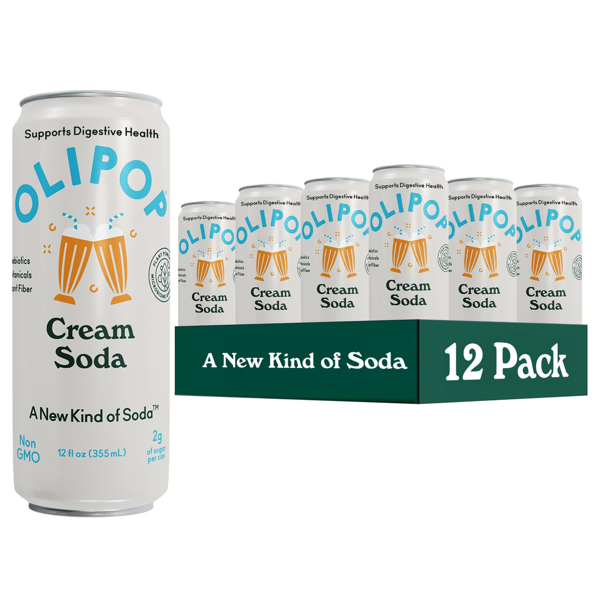 OLIPOP Cream Soda 12-pack display highlighting convenient gut-friendly refreshment.