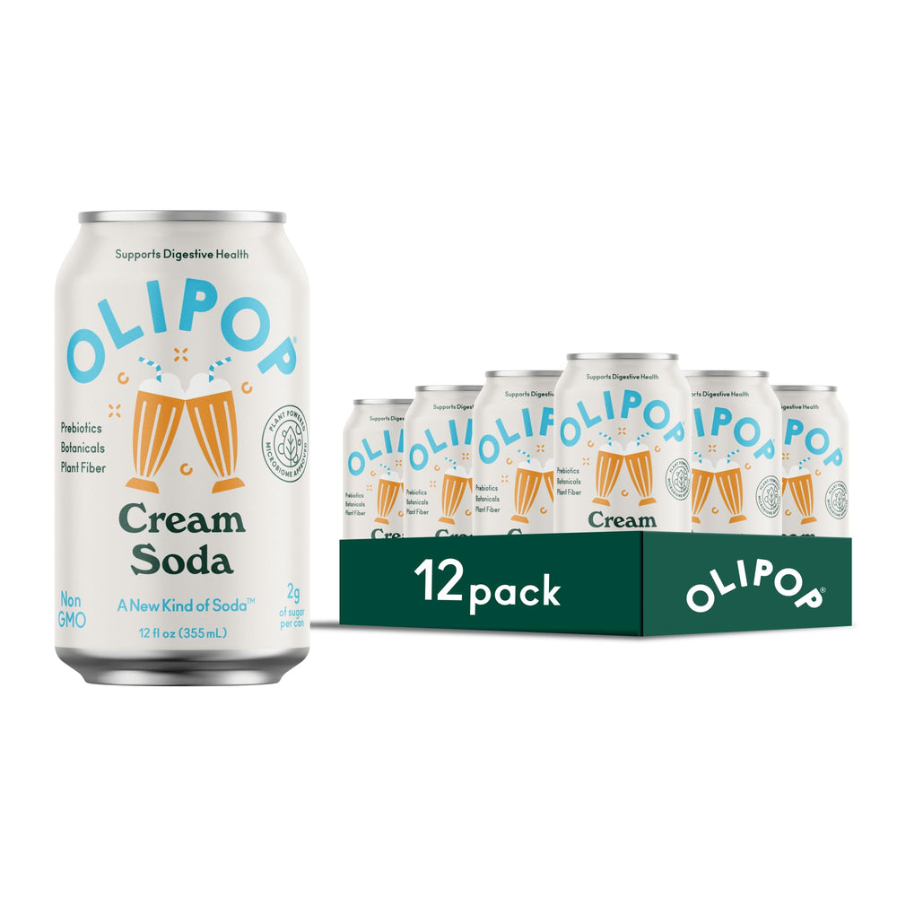 OLIPOP Cream Soda 12-pack on pantry shelf offers convenient, gut-friendly refreshment.