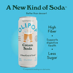 OLIPOP Cream Soda can close-up showing nostalgic flavor and prebiotics.