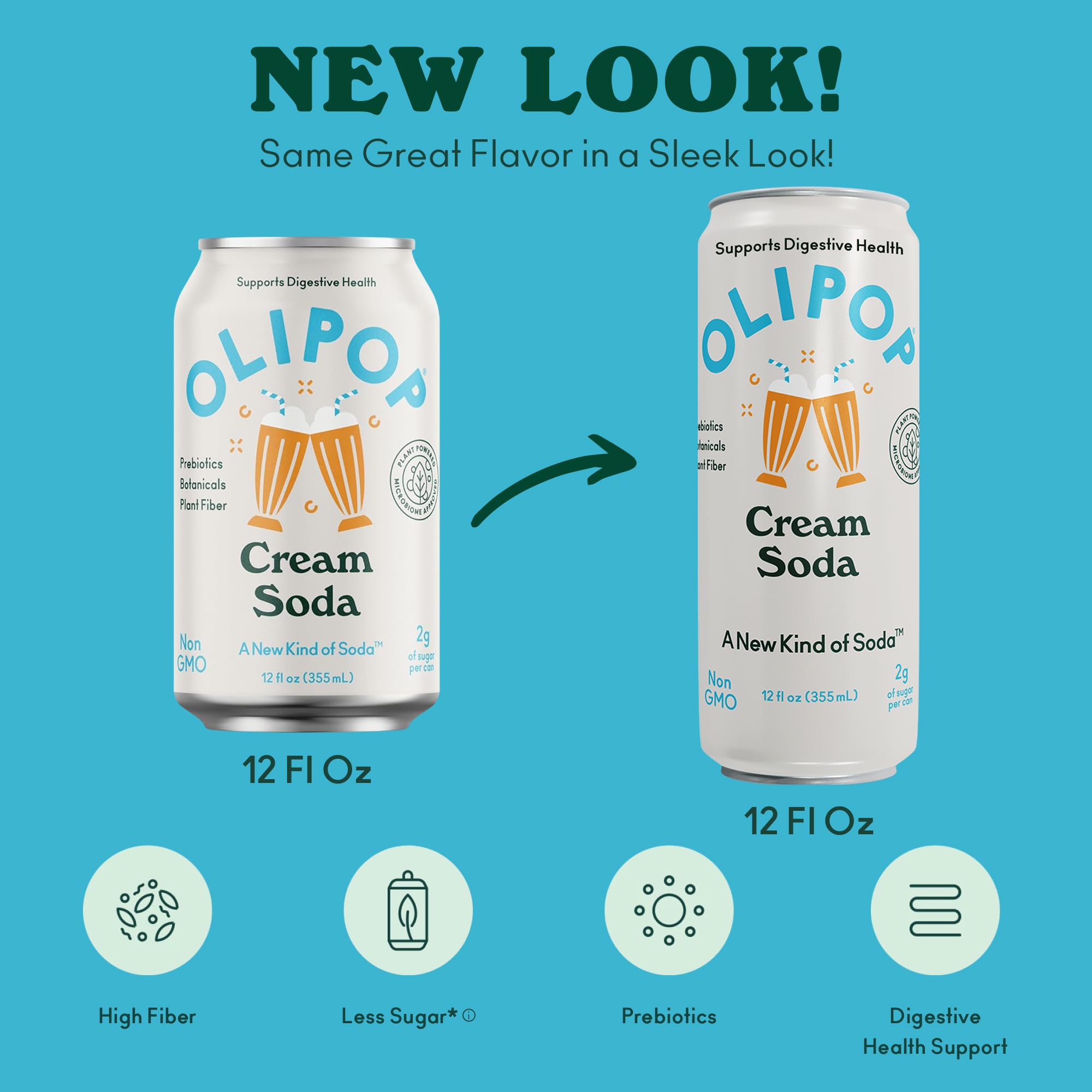 OLIPOP Cream Soda ingredients panel emphasizes prebiotics and fiber.