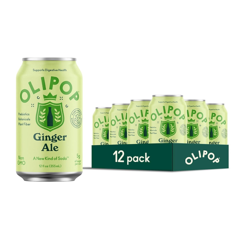 OLIPOP Ginger Ale can on a pantry shelf, inviting refreshing nostalgia.