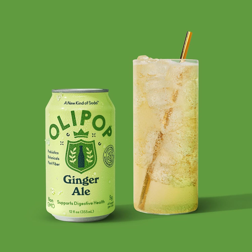 OLIPOP Ginger Ale served with lime wedge, perfect for pairing with meals.