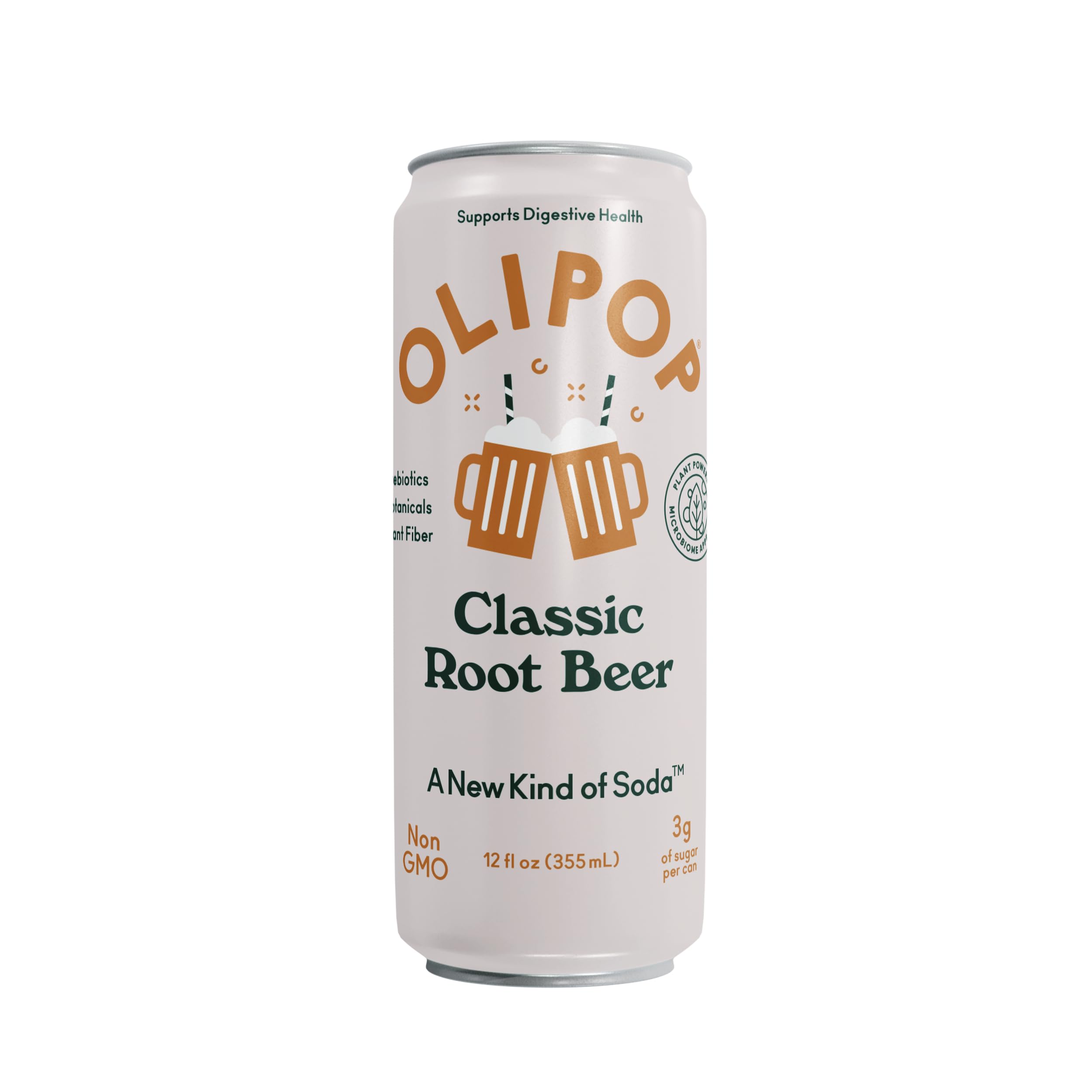 Gluten-free, non-GMO OLIPOP Root Beer badge on label communicating clean ingredients.