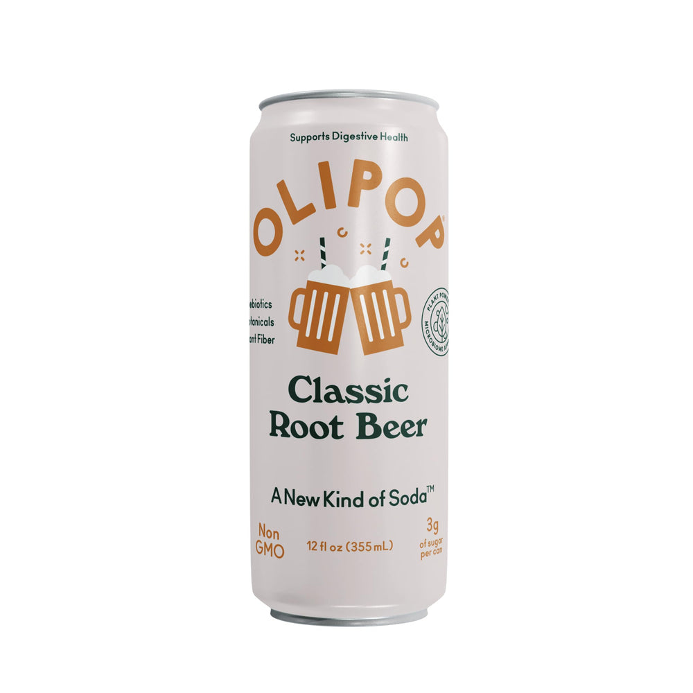 Gluten-free, non-GMO OLIPOP Root Beer badge on label communicating clean ingredients.