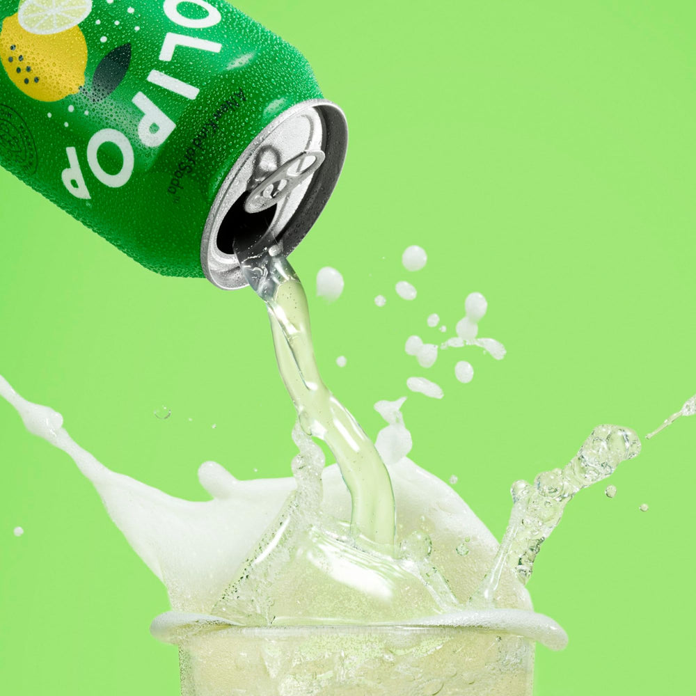 OLIPOP Lemon Lime glass with can showcasing serving idea