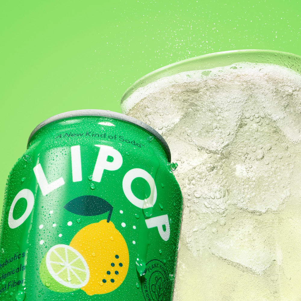 OLIPOP Lemon Lime label front showing gluten-free and non-GMO badges