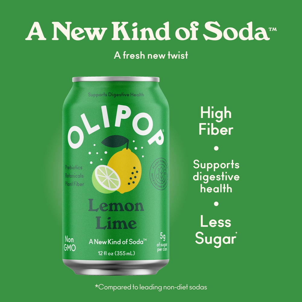 OLIPOP Lemon Lime pour shot highlighting refreshing fizz and flavor