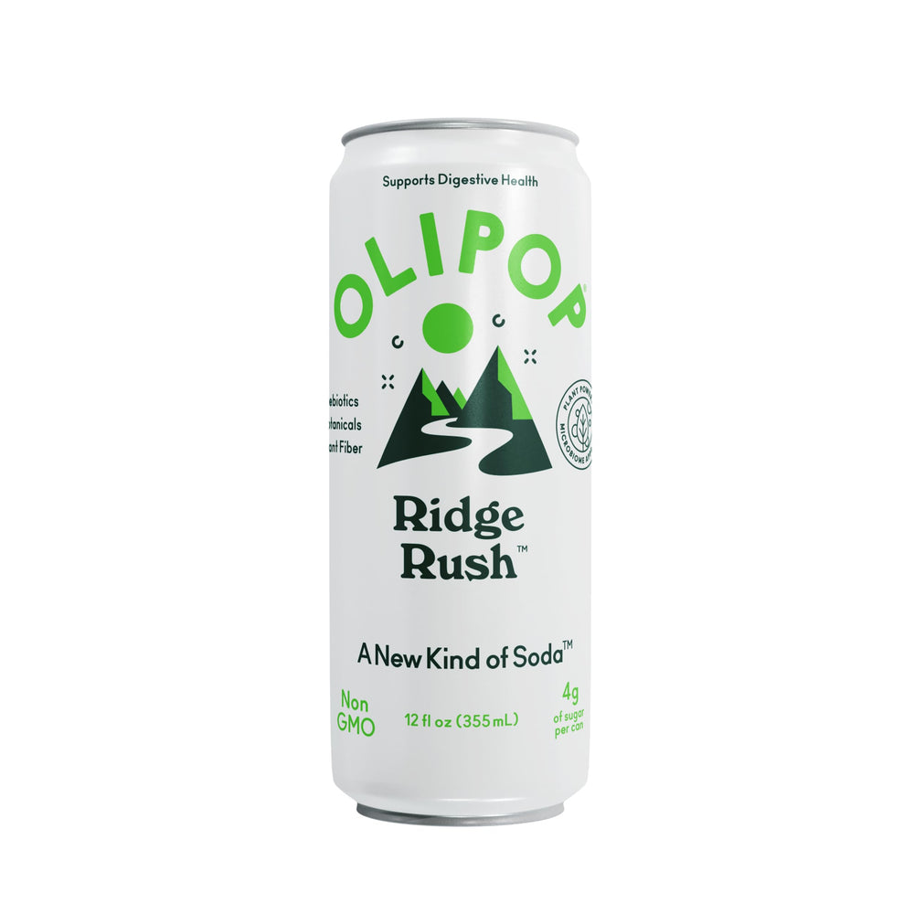 OLIPOP Ridge Rush can label closeup shows vibrant color and clean ingredients