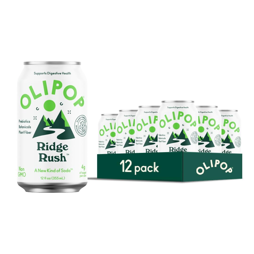 OLIPOP Ridge Rush can—refreshing prebiotic soda with fiber for everyday balance.