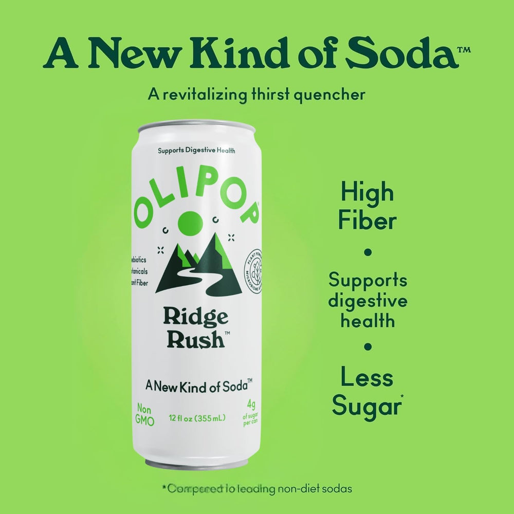 OLIPOP Ridge Rush ingredients infographic highlights prebiotics and fiber benefits