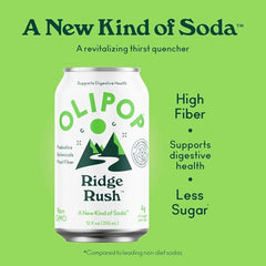 OLIPOP Ridge Rush label closeup—gluten-free, GMO-free formula for everyday enjoyment.