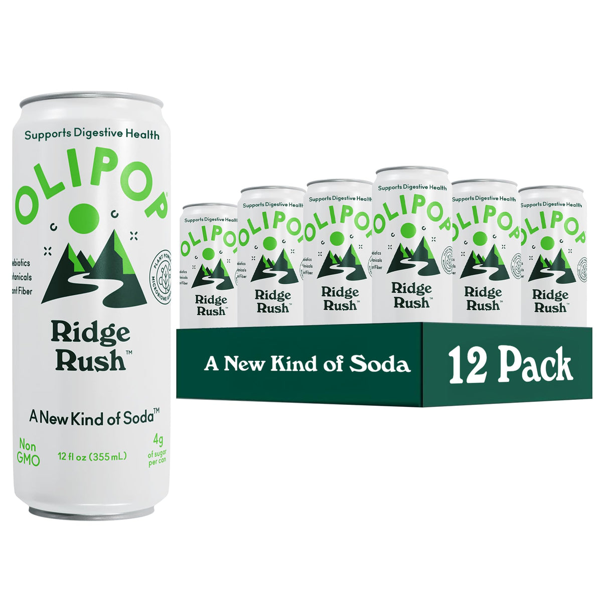 OLIPOP Ridge Rush skinny can pour highlights crisp fruity notes for a refreshing sip