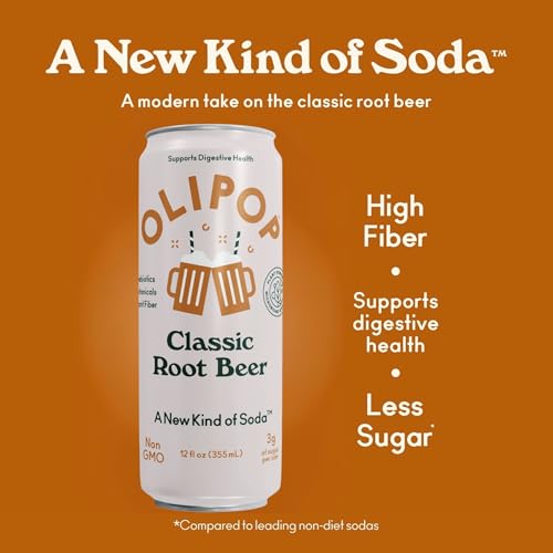 Pouring OLIPOP Root Beer into a glass, highlighting crisp fizz and refreshing finish.