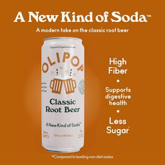 Pouring OLIPOP Root Beer into a glass, highlighting crisp fizz and refreshing finish.