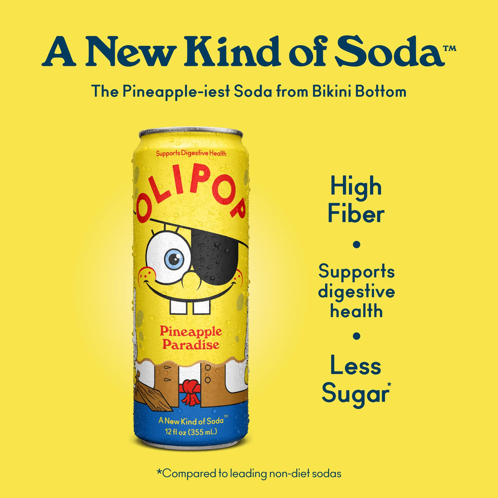 OLIPOP SpongeBob Pineapple Paradise packaging promotes a kid-friendly, grown-up soda option